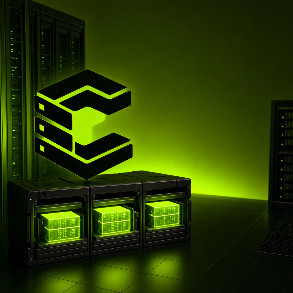 The Cache emblem hovering above a rack of three glowing data blocks in a dark server room